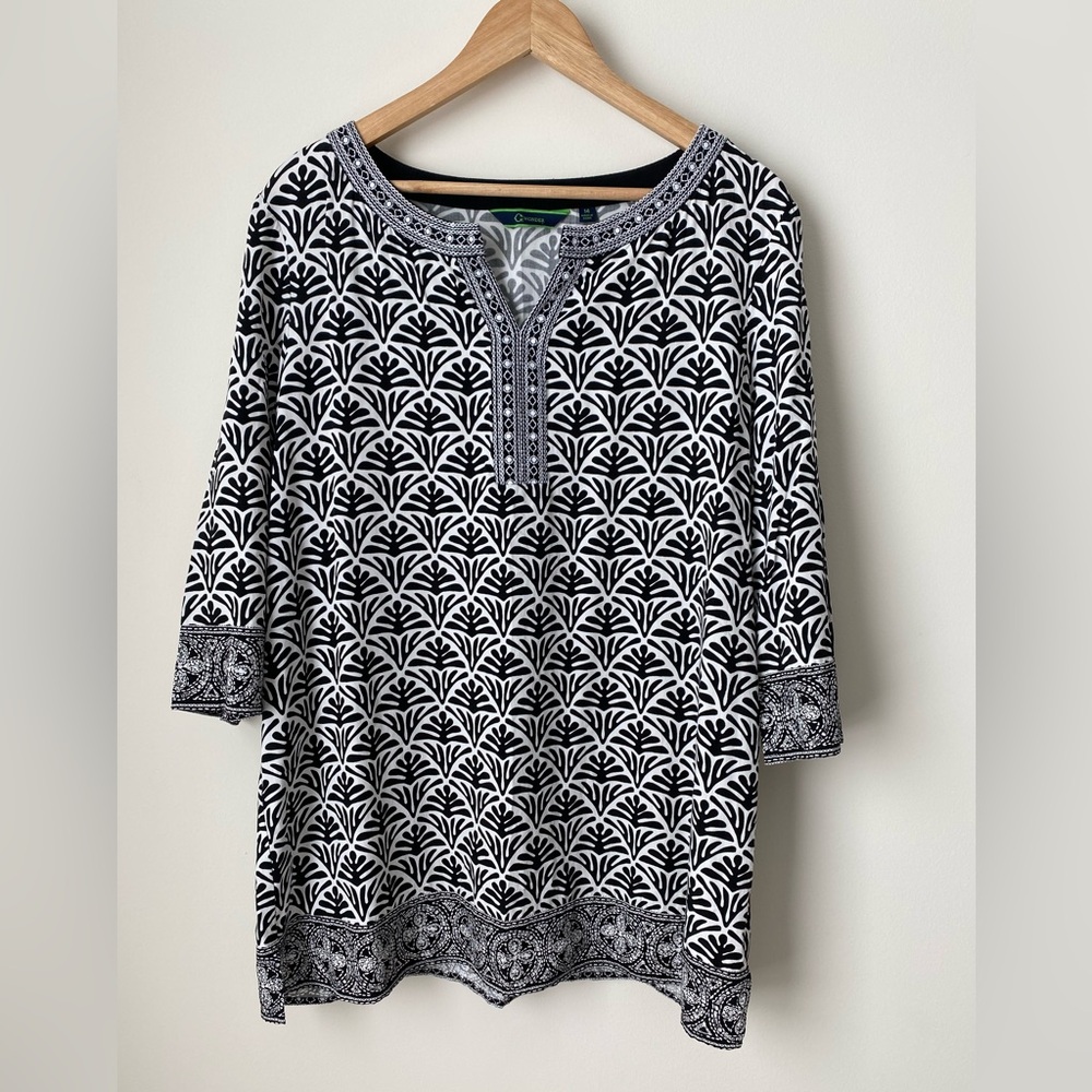 C Wonder Print Tunic Blouse Womens Size 14 Black White V Neck 3/4 Sleeve Top
